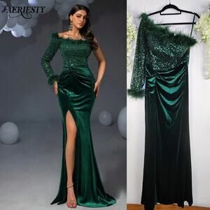 Faeriesty One Shoulder Evening Gown XL Emerald Green Sequin Velvet Feather Glam